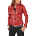 thumbnail image 2 of Luis Women's Lambskin Leather Red Bomber Biker Jacket, 2 of 4