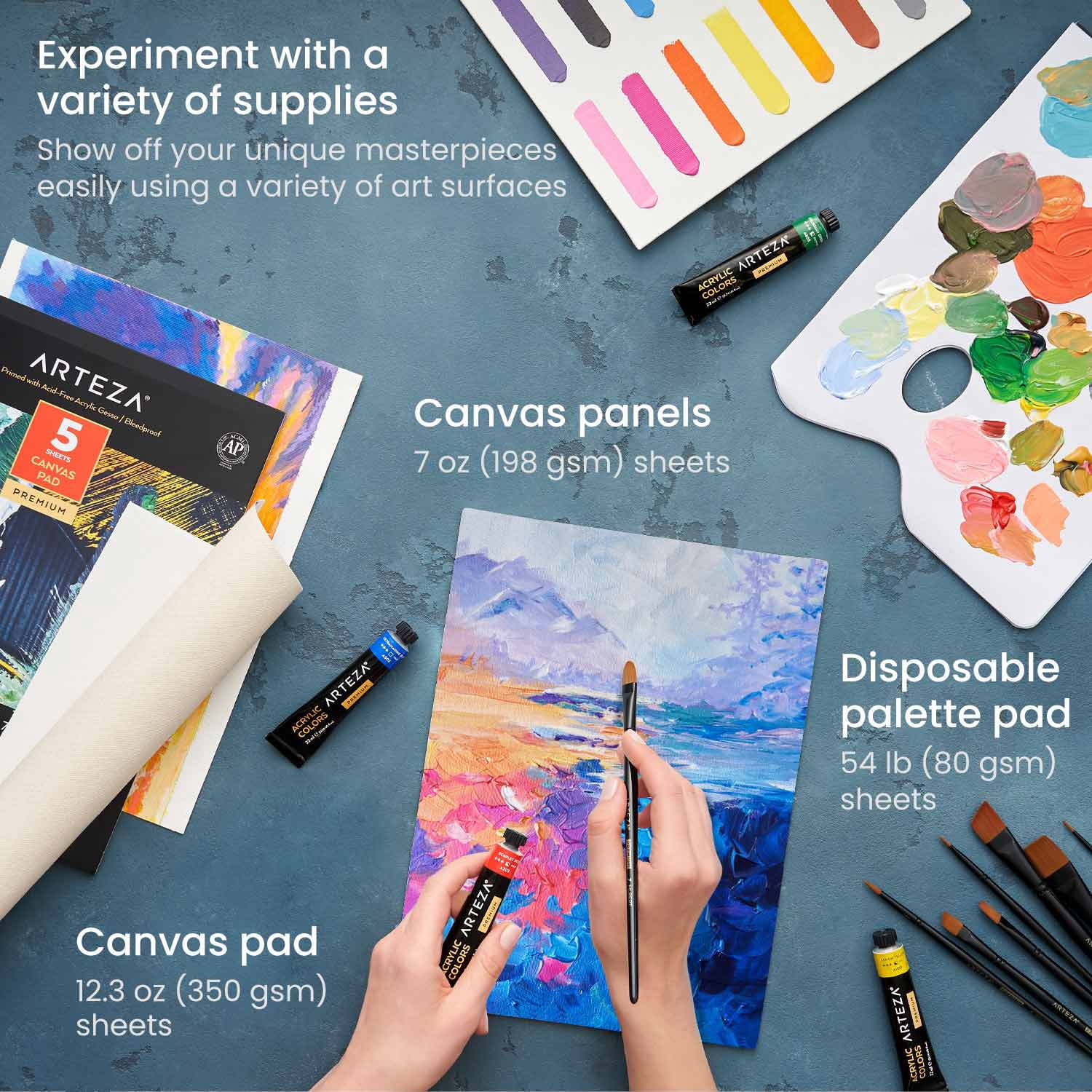Arteza Essentials Tabletop Easel Art Set with Acrylic Paint, Brushes, Paper, Canvas Pads & Paper