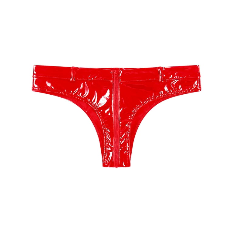 YiZYiF Womens Shiny Latex Wet Look Briefs Panties Low Waist Zipper Crotch  Cheeky Hot Pants Red XL 