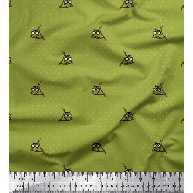 Soimoi Rayon Fabric Dot & Owl Bird Printed Fabric 1 Yard 56 Inch Wide
