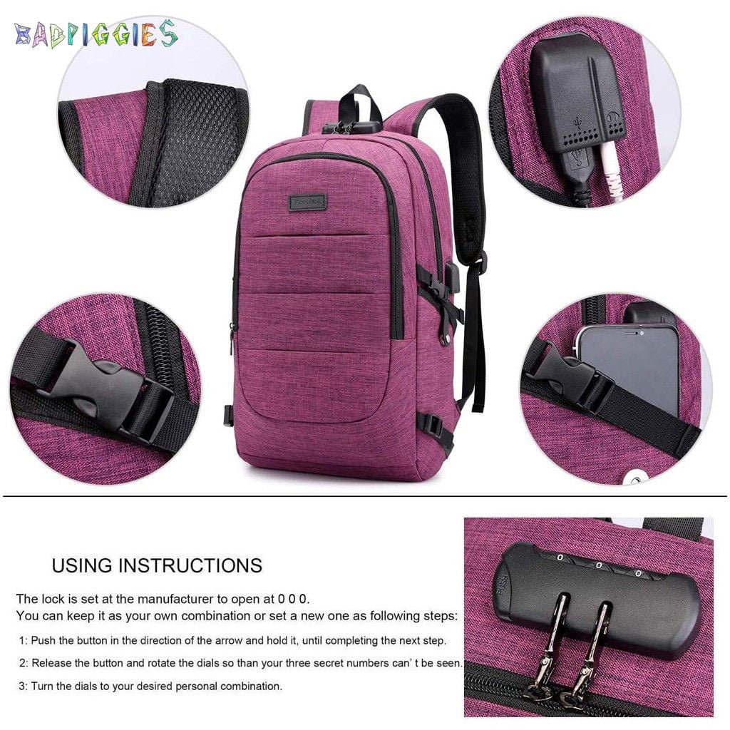 BadPiggies Travel Laptop Backpack Water Resistant Anti-Theft Bag with USB Charging Port and Lock