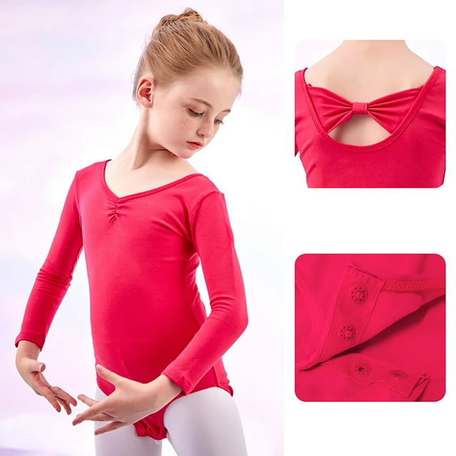 MKOSPLRT Justaucorps Gymnastique pour Fille Manches Longues Danse Ballet une Pièce Col Rond Justaucorps Plissés Couleur Unie Tenue de Danse