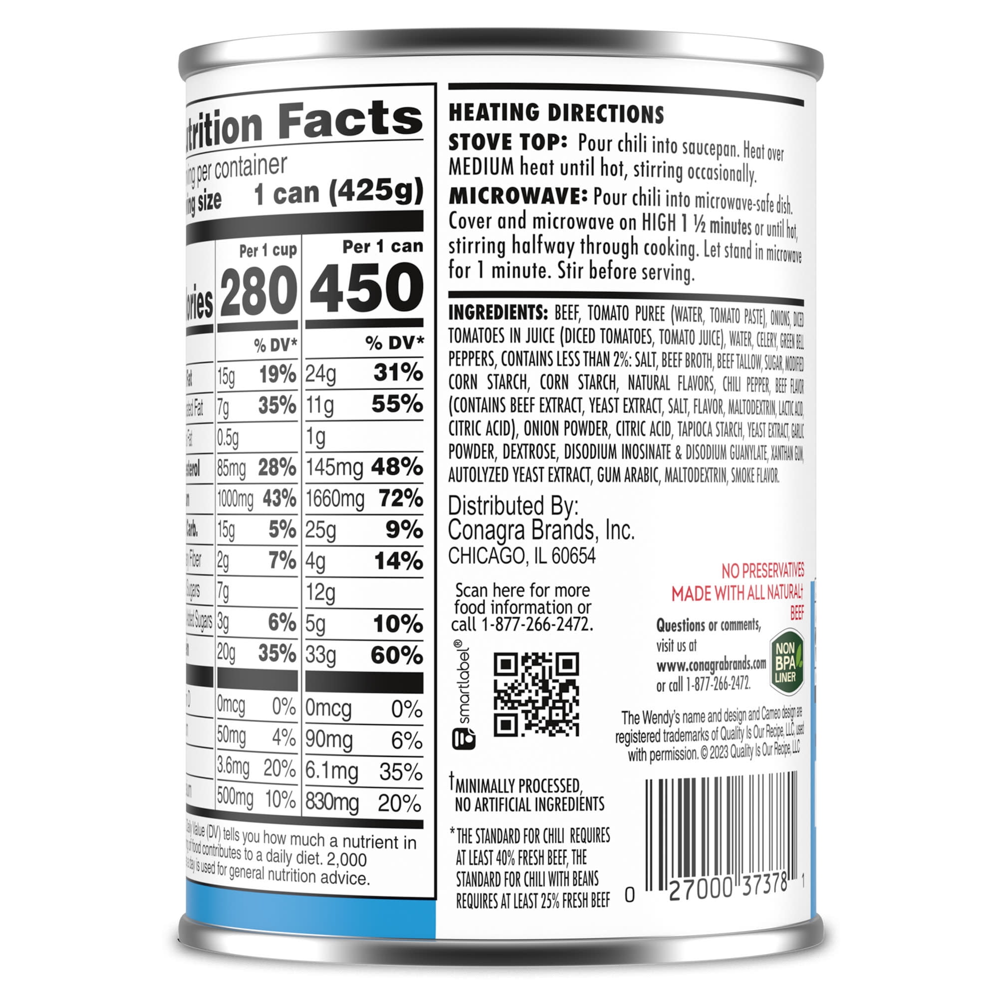 Wendy's Chili No Beans, 33g Protein Per Serving, Canned Chili, 15 oz. Can