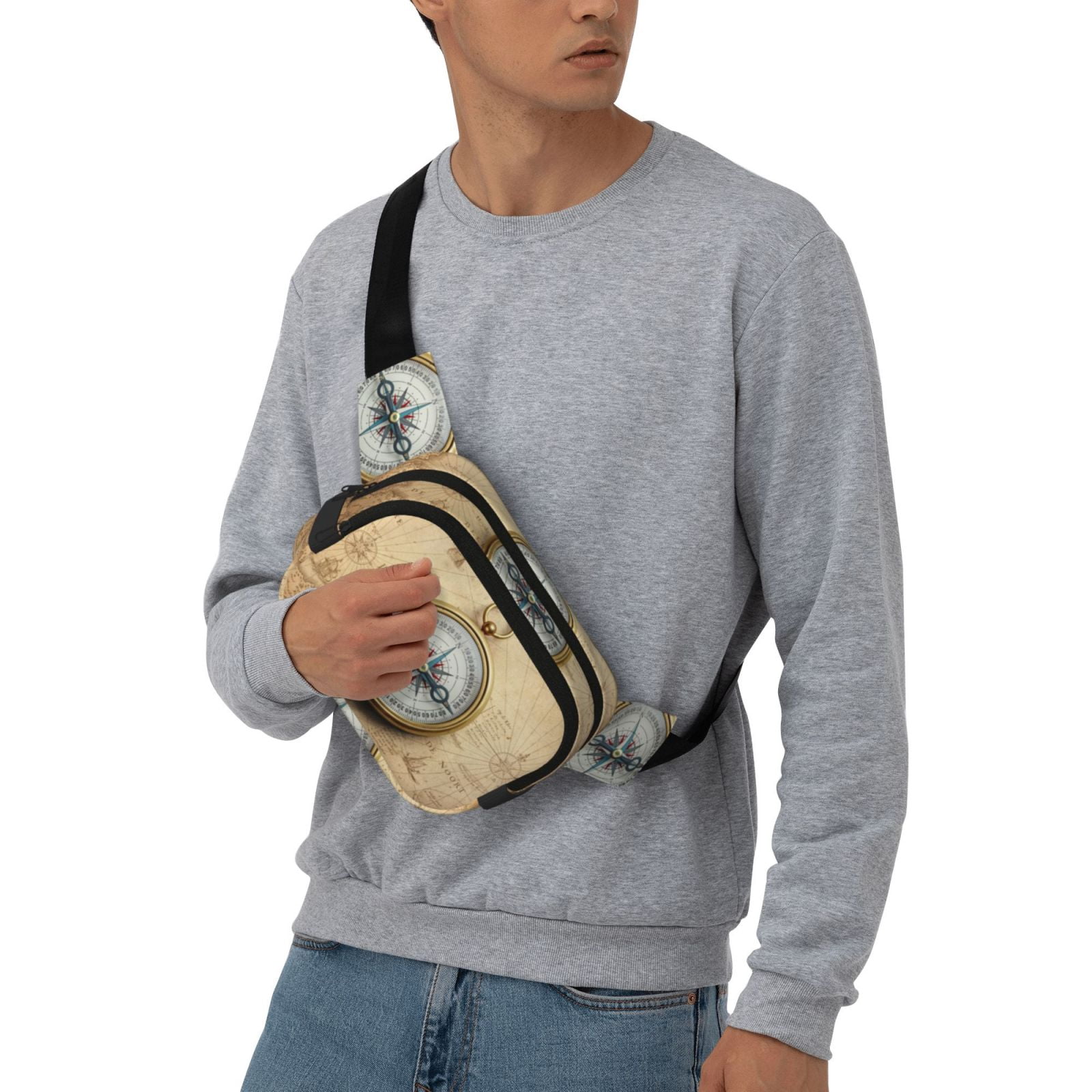 Picia Magnetic Old Compass On World Map Print Square Double-Layer Waist Bag Mini Adjustable Waist Belt Bag Exercise Running Travel Hiking