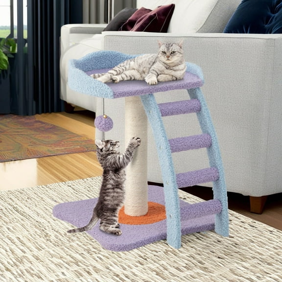 Pefilos 19" Cat Scratching Post with Sisal Covered and Ladder, Cat Scratcher Post for Indoor Cats, Cozy Cat Scratch Tree Tower Cat Houses, Purple