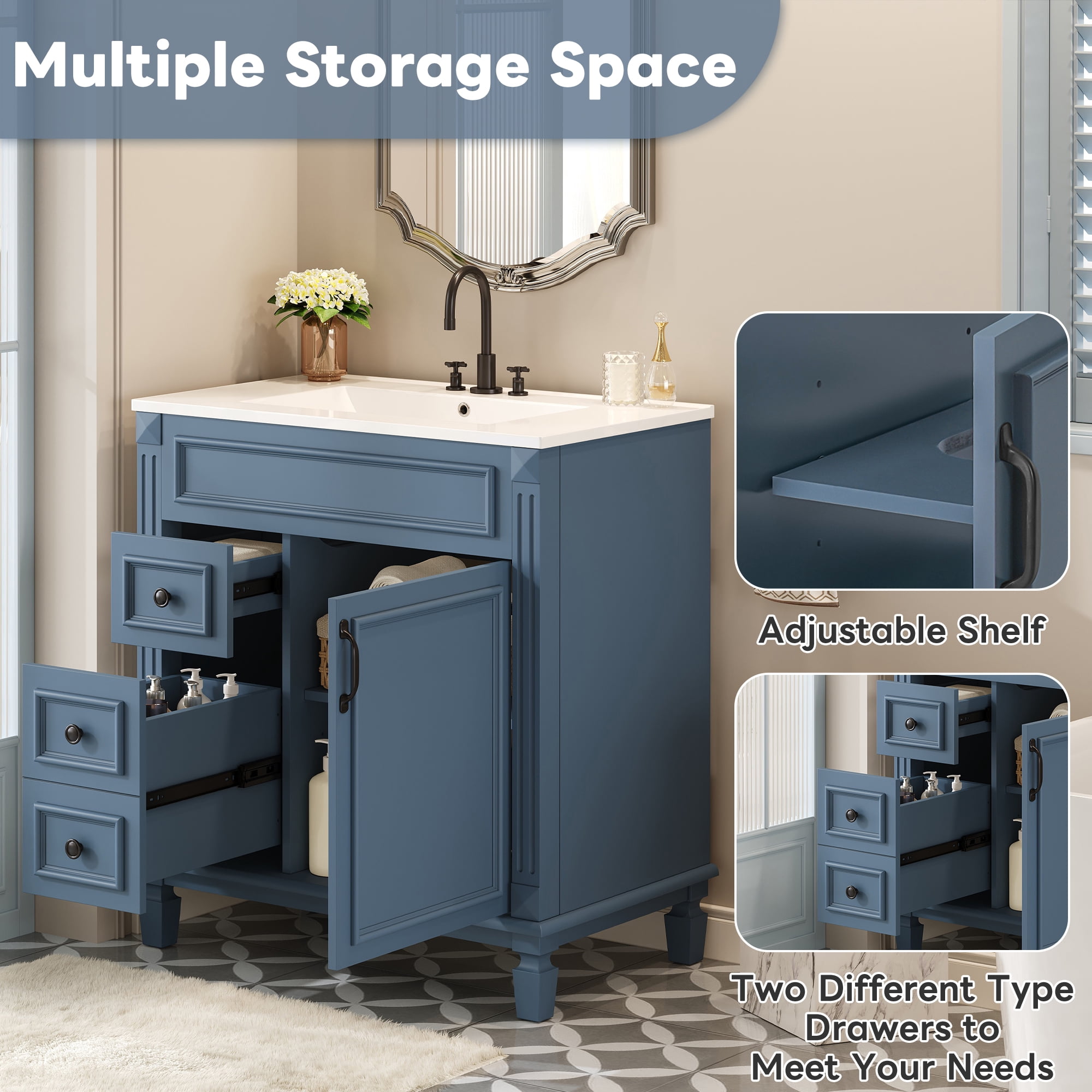 Euroco 30" Bathroom Vanity with Ceramic Sink, Small Bathroom Sink Cabinet, Modern Cabinet with 2 Drawers and Adjustable Shelf