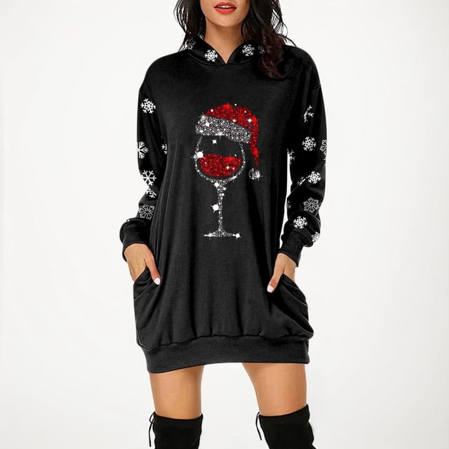 Pntutb Robe d'Été pour Femmes 2024 Robe Décontractée pour Femmes avec Poche Imprimé de Noël Manches Longues Ample à Capuche Robe pour Femmes