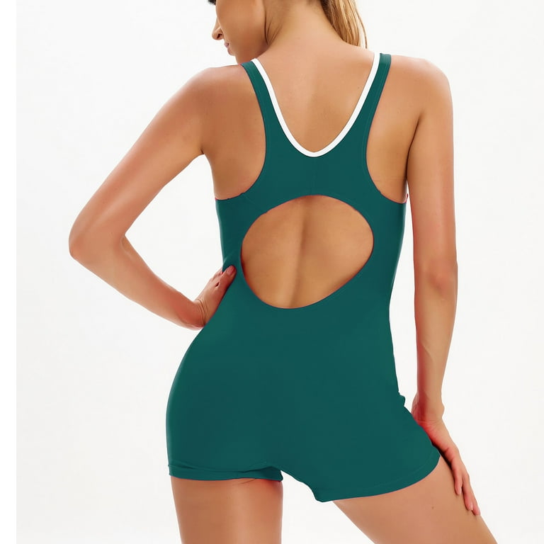 Augper Women's Sports Swimwear Conservative Color-blocking Sexy Backless  Swimwear 