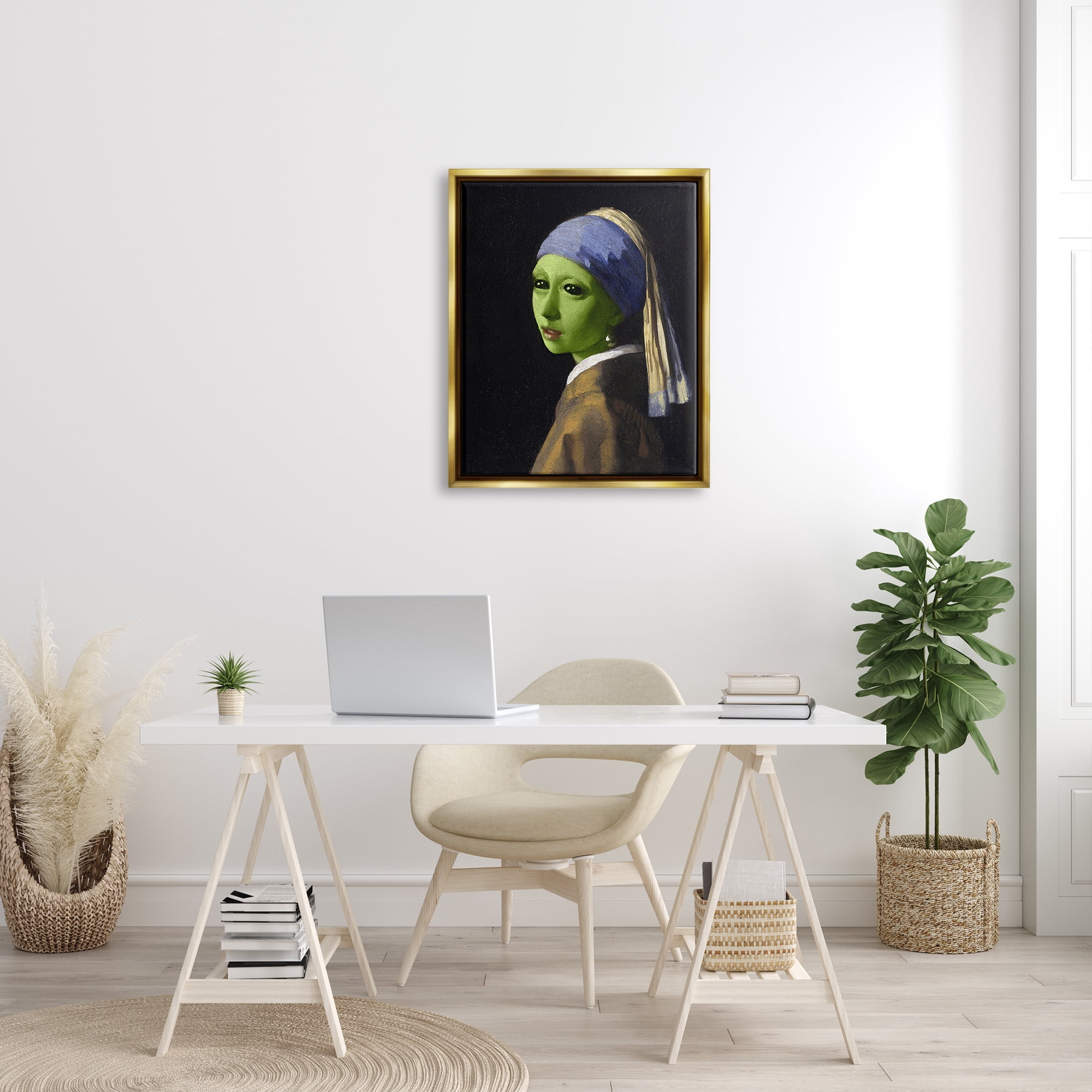 Stupell Industries Girl With Pearl Earring Alien Fairy Tales & Fantasy Painting Gold Floater Framed Art Print Wall Art