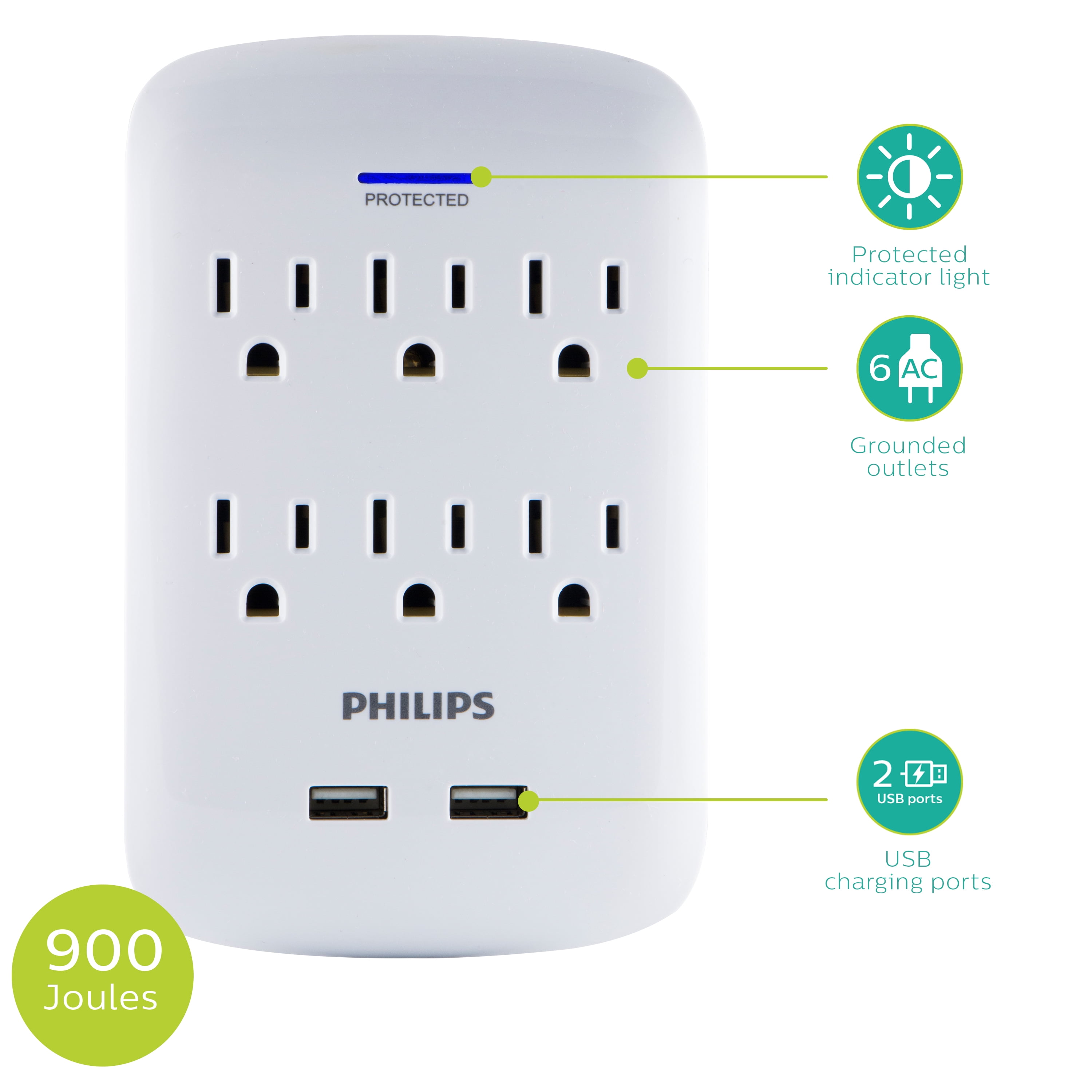 Philips Surge Tap, 6 Outlet, 2 USB-A, 2.1A, 900J, White
