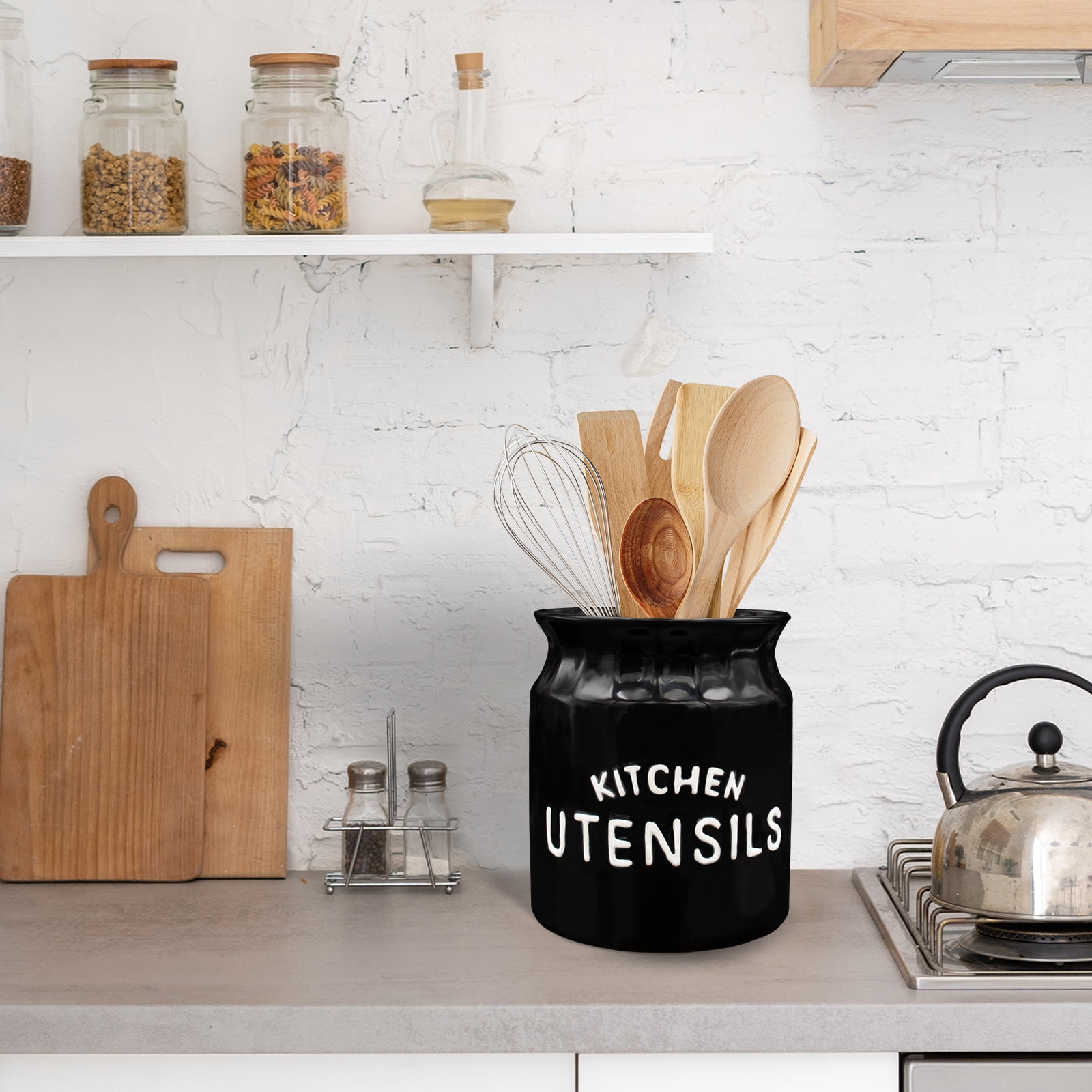 Arikago Utensil Holder, Ceramic Farmhouse Kitchen Utensil Holder for Countertop, 6.5" Large Cooking Utensil Crock for Kitchen Counter, Black