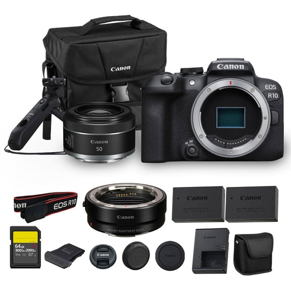 Canon EOS R10 Mirrorless Camera 24.2MP APS-C Sensor 4K Video Dual Pixel AF Compact Lightweight Vlogging Travel Camera (5331C002)   Canon RF 50mm f/1.8 STM Lens   Adapter EF-EOS R   Tripod Grip   More