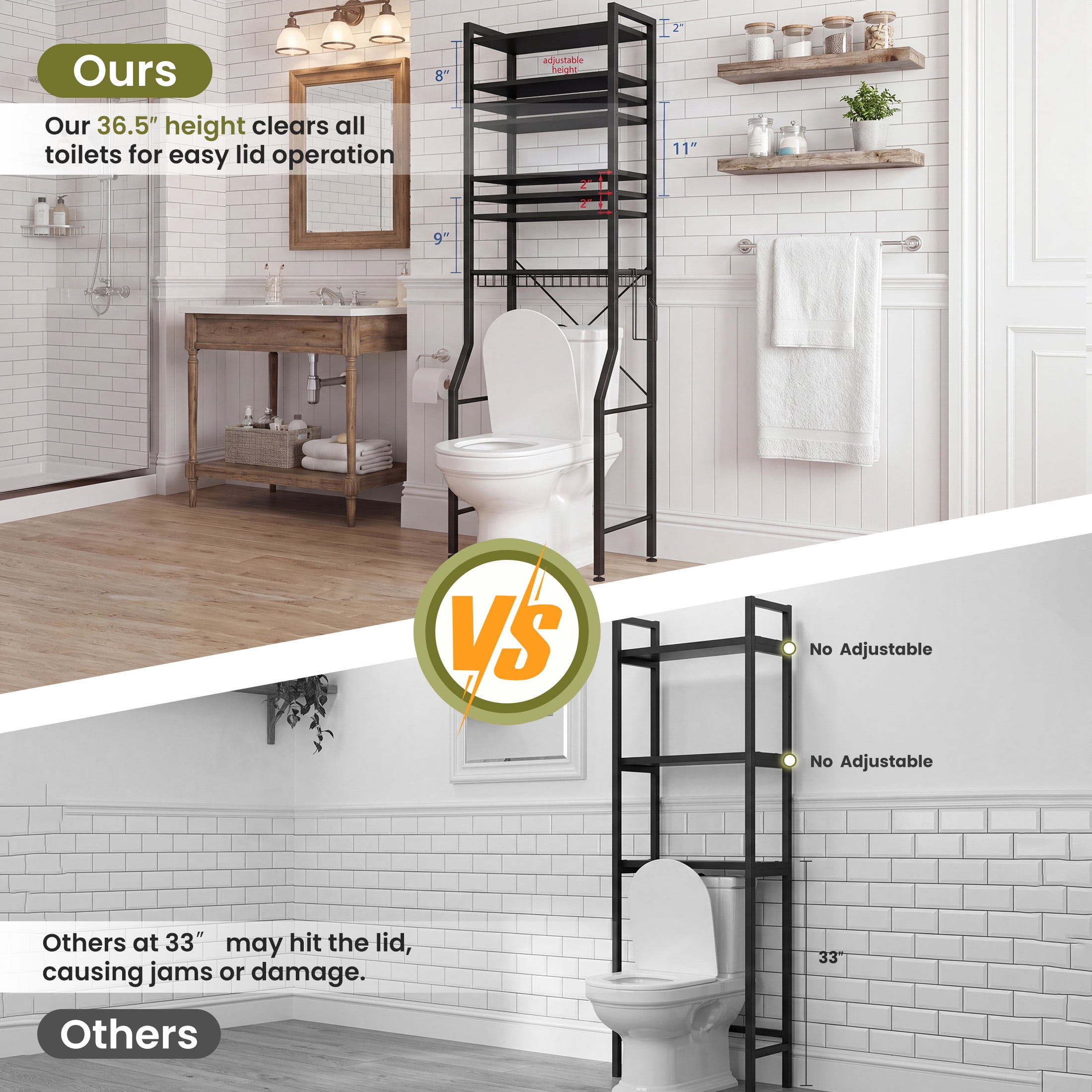 CONCETTA 4-Tier over the Toilet Bathroom Storage Rack, Adjustable Space Saver Organizer with Shelves, Basket & Hooks, Black