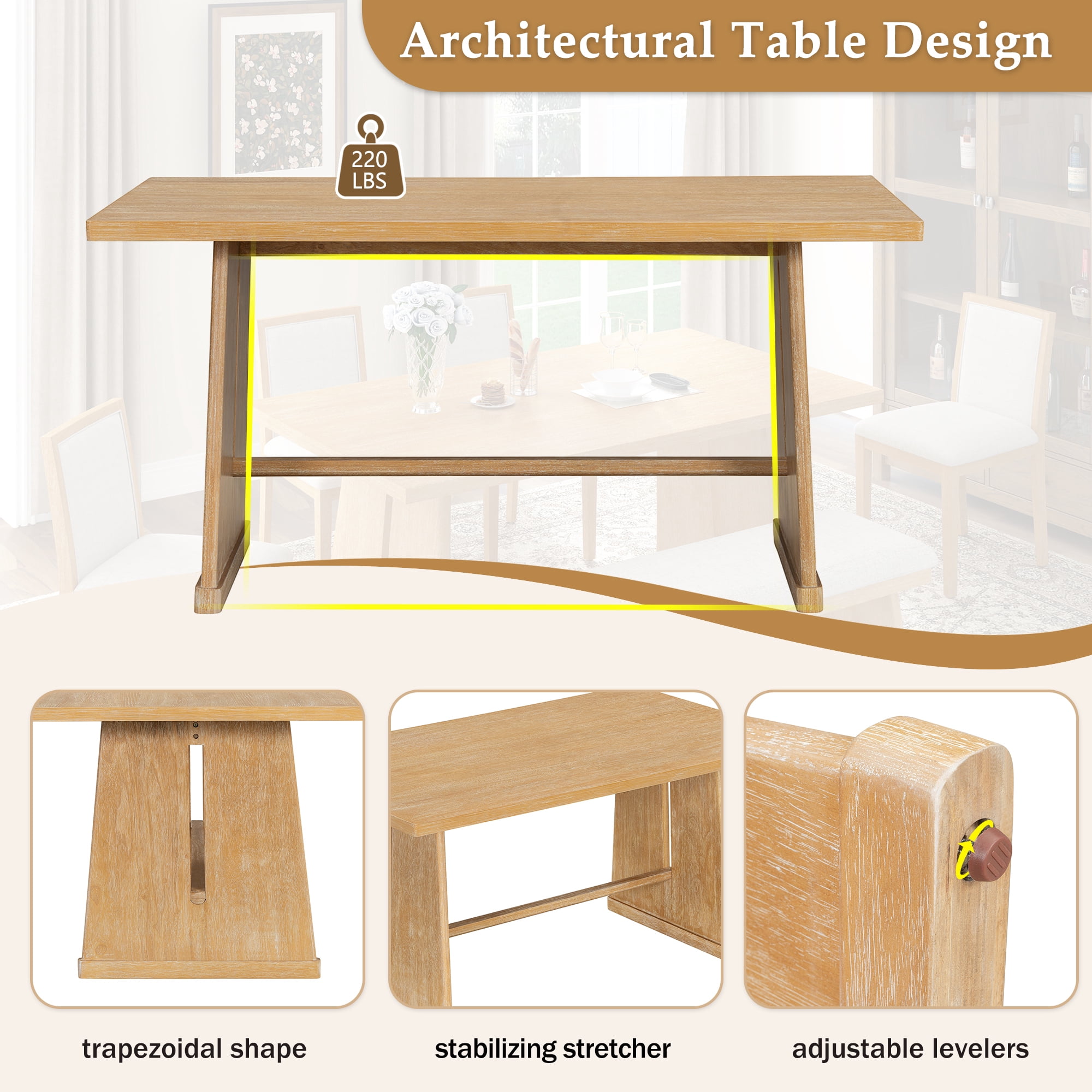 Euroco 6-Piece Farmhouse Dining Table Set for 6, 59.8" Rectangular Dining Table with 4 Upholstered Chairs & 1 Bench,Solid Wood Dining Furniture Set for Kitchen,Natural