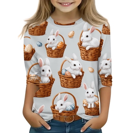 LTTVQM Girls 2026 Easter Shirts 3/4 Sleeve Happy Eggs Bunny Graphic Tee Comfortable Crewneck Blouses Trendy Clothing Light Gray 11-12 Years