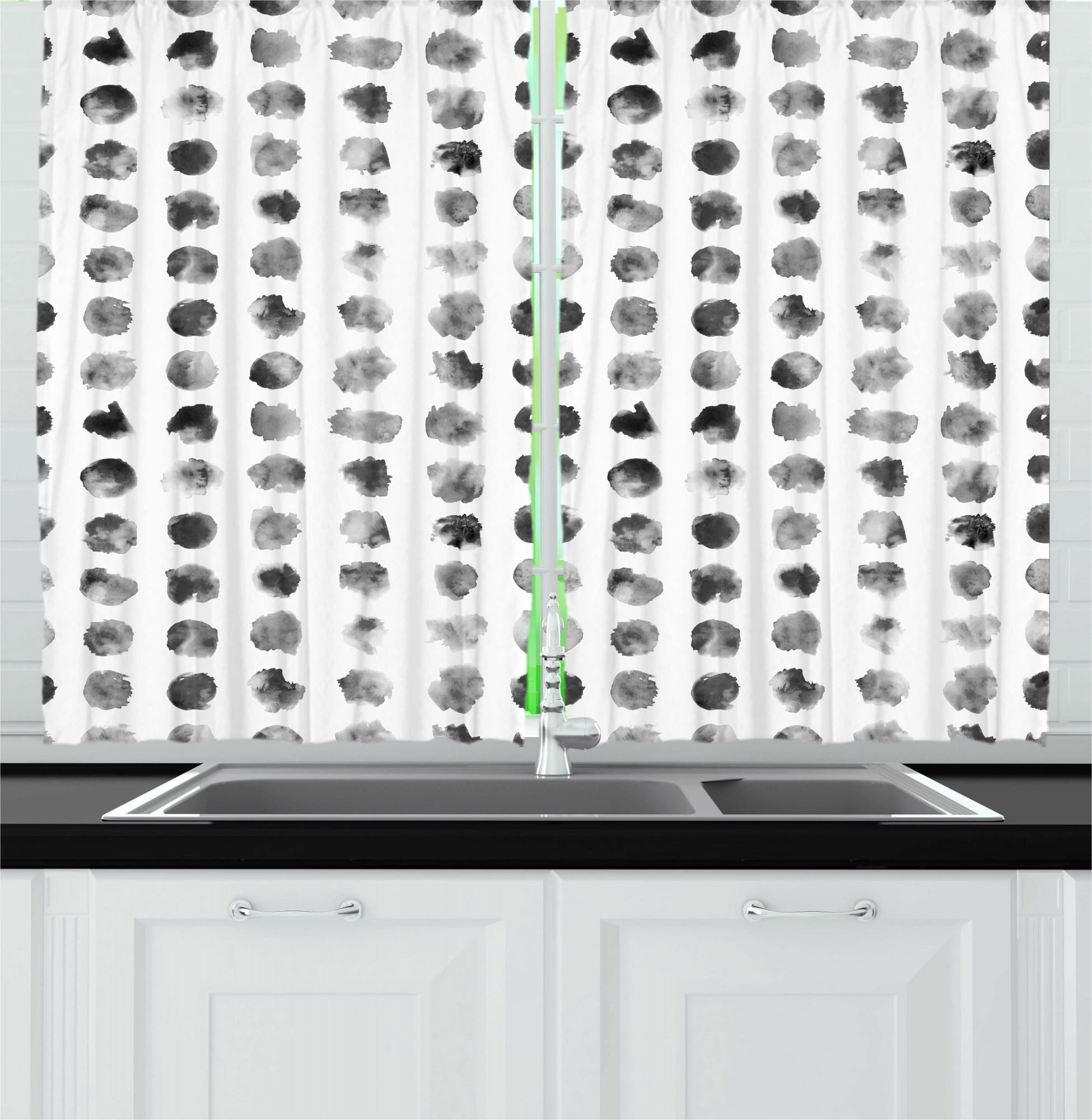 Black and Grey Kitchen Curtains, Watercolor Circle Blobs or Splashes in