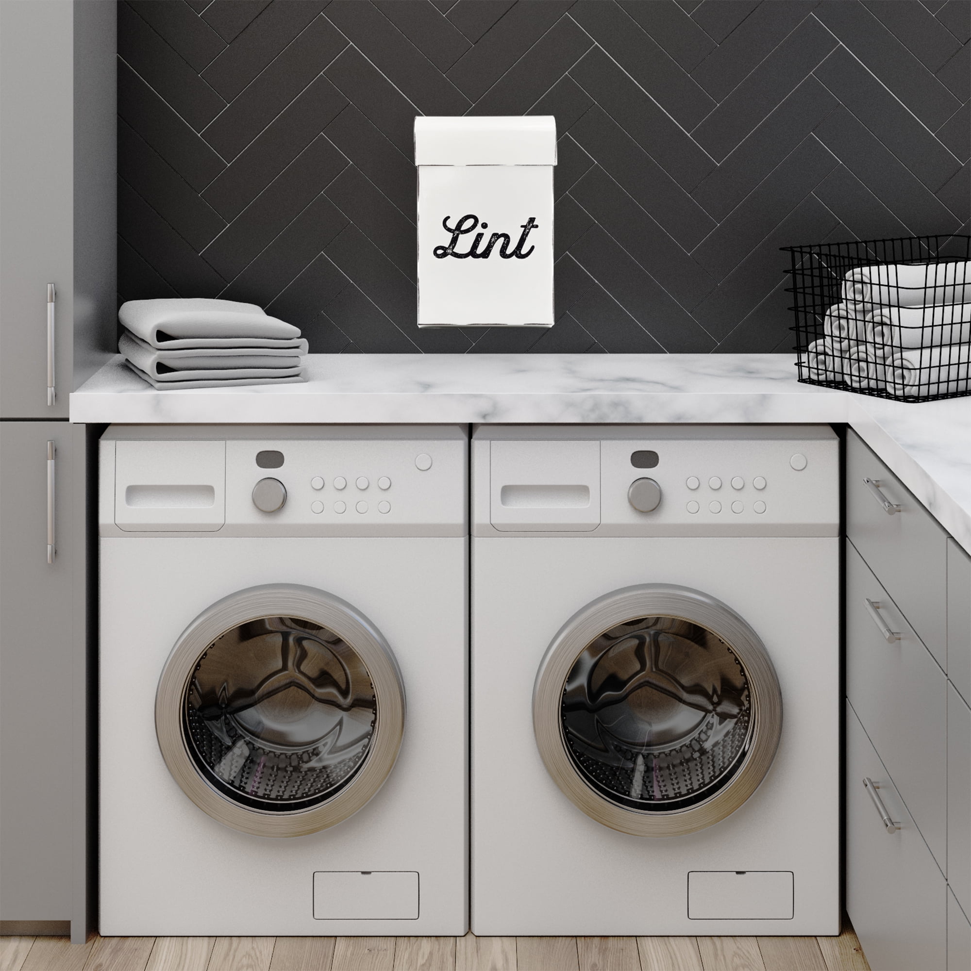 AuldHome Design Farmhouse Enamelware Lint Holder Bin; Distressed White Laundry Room Decor