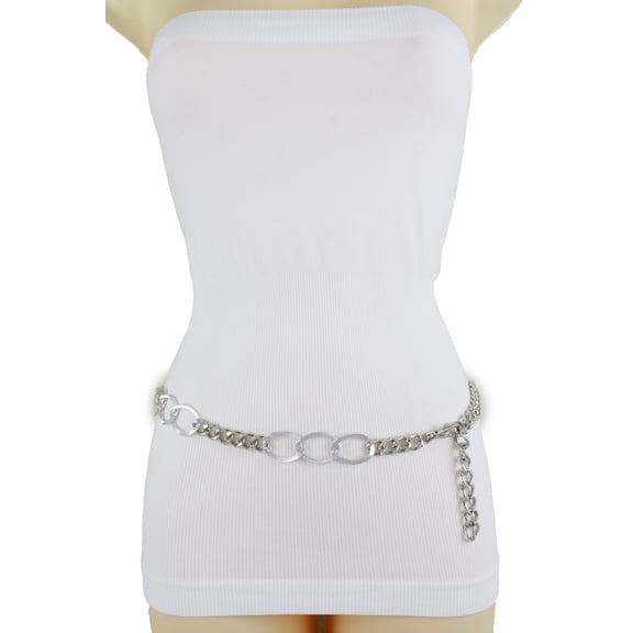 New Women Silver Metal Chain Links Skinny Waistband Bling Fashion Belt Size M L XL
