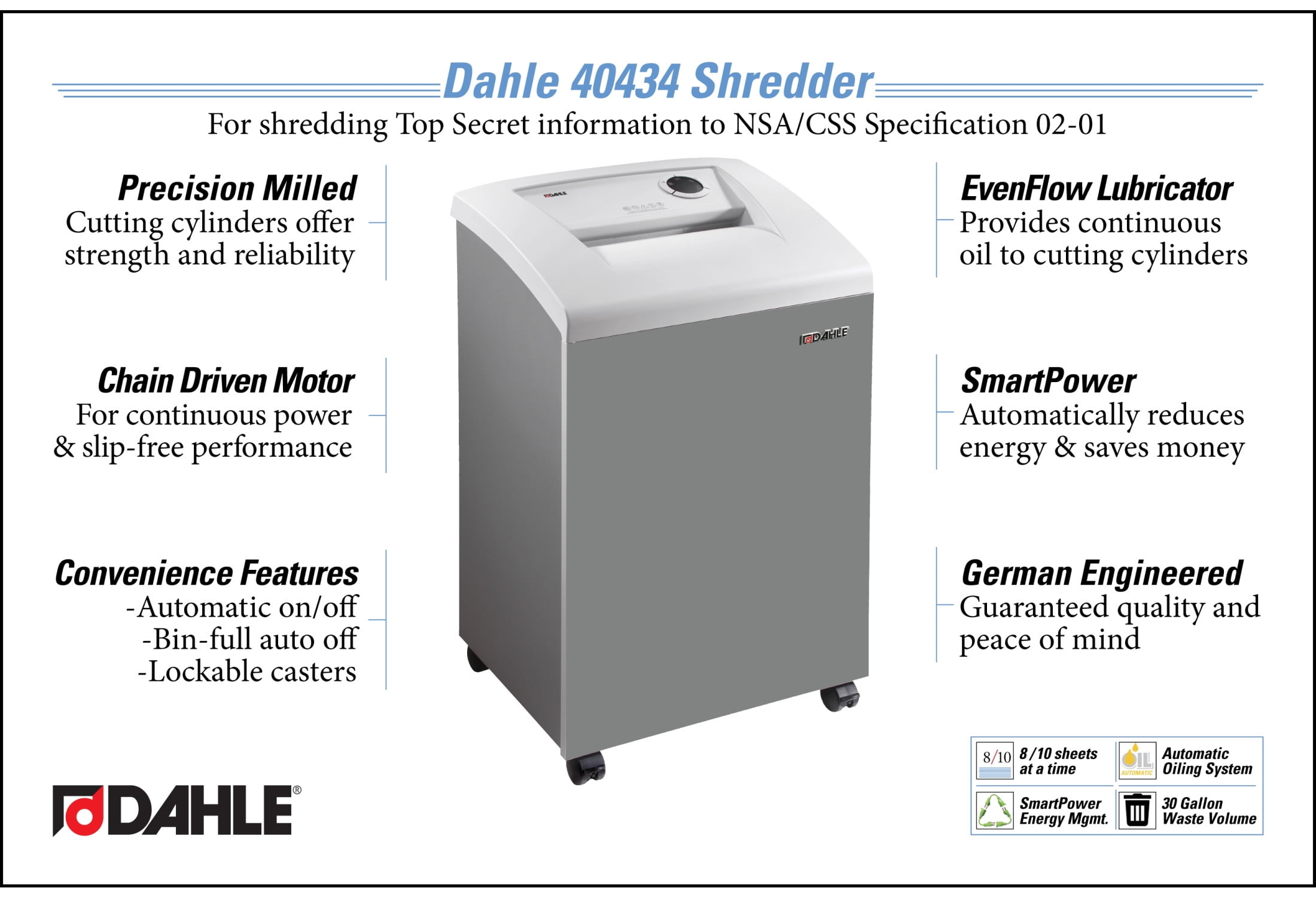 Dahle 40434 High Security Paper Shredder w/Auto Oiler, NSA/CSS 02-01, 8 Sheet Max, Level P-7