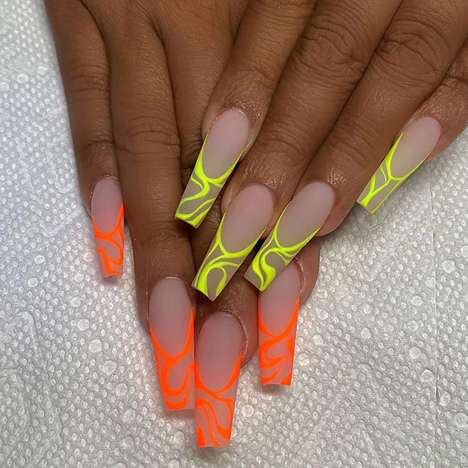 24 Pcs Matte False Nails With Glue Extra Long Press On Nails Coffin Nail Tips Extra Long Coffin Fake Nails For Women Yellow And Orange Swirl Walmart Com