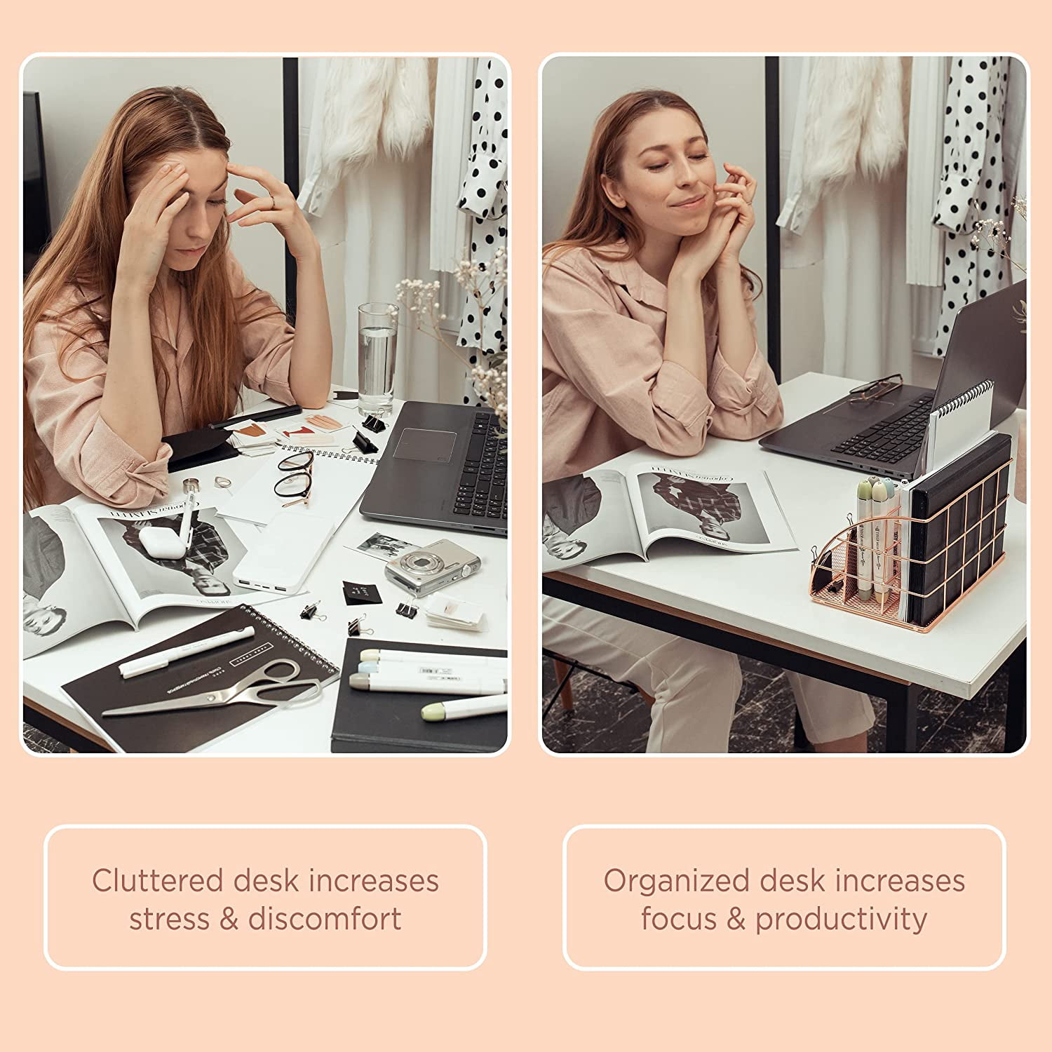 Rose Gold Desk Organizer for Women Cute Home Office Accessories & Supplies Decor, Girly Desktop Stationary Essentials Organization Set, Mesh Caddy Storage 5 Compartments +1 Mini Sliding Drawer
