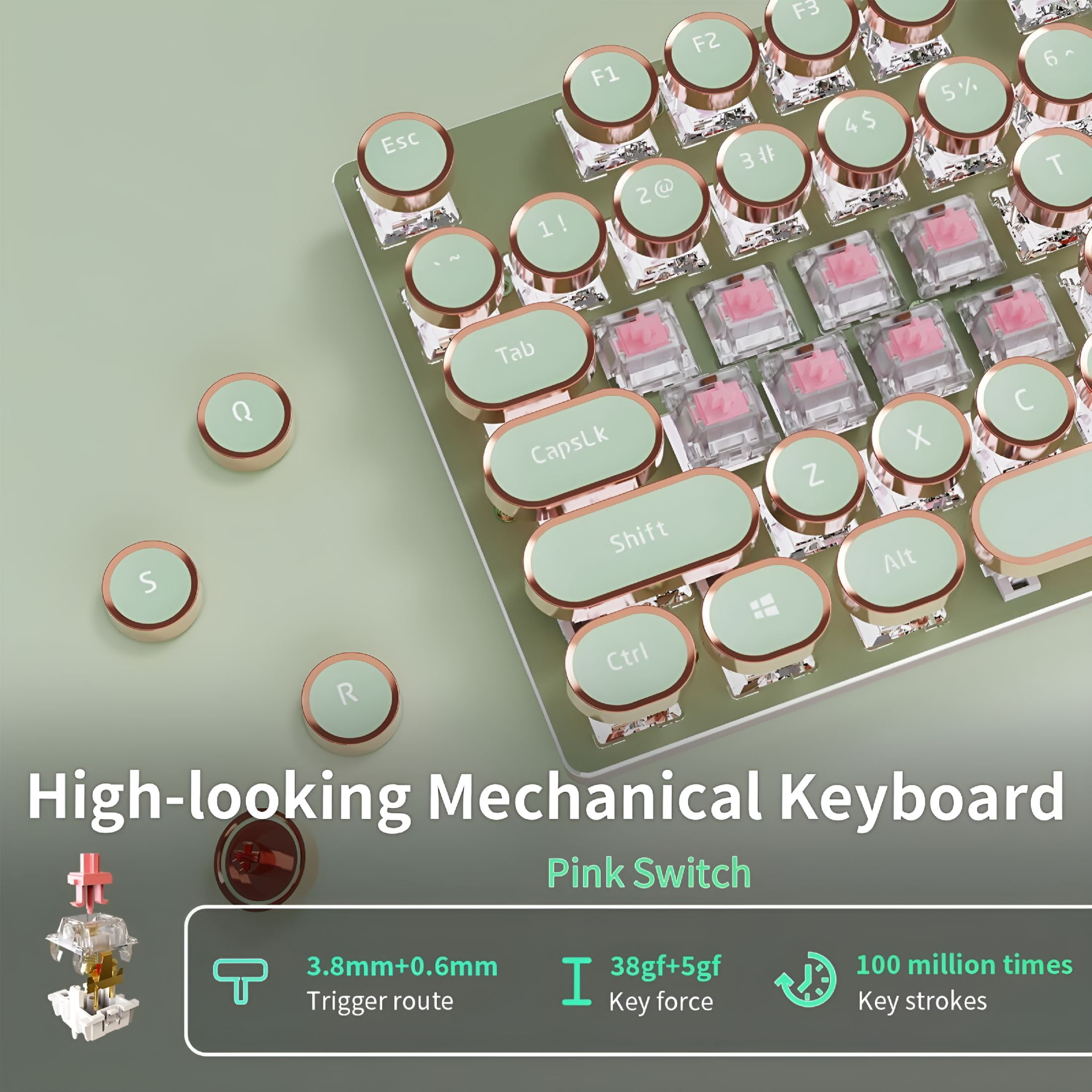 GJX Typewriter Style Mechanical Gaming Keyboard, 104 Keys Backlit LED Keyboard, Media Control Knob, Wired Computer Keyboard Pink Switch for Windows/Mac/PC-Green