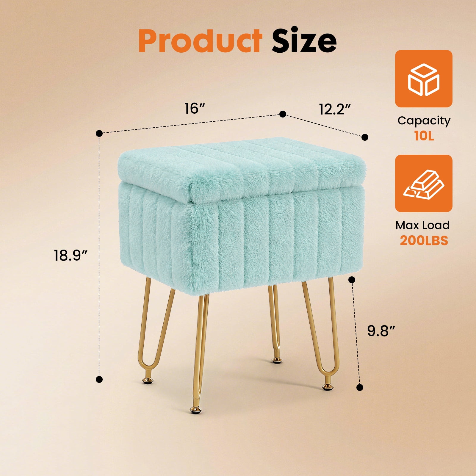 ZUNMOS Ottoman Vanity Stool Chair, with Storage Function, Modern Style Wooden Board Seat, Equipped with 4 Metal Legs and Non-Slip Feet, Suitable for Living Room and Bedroom, Mint Green