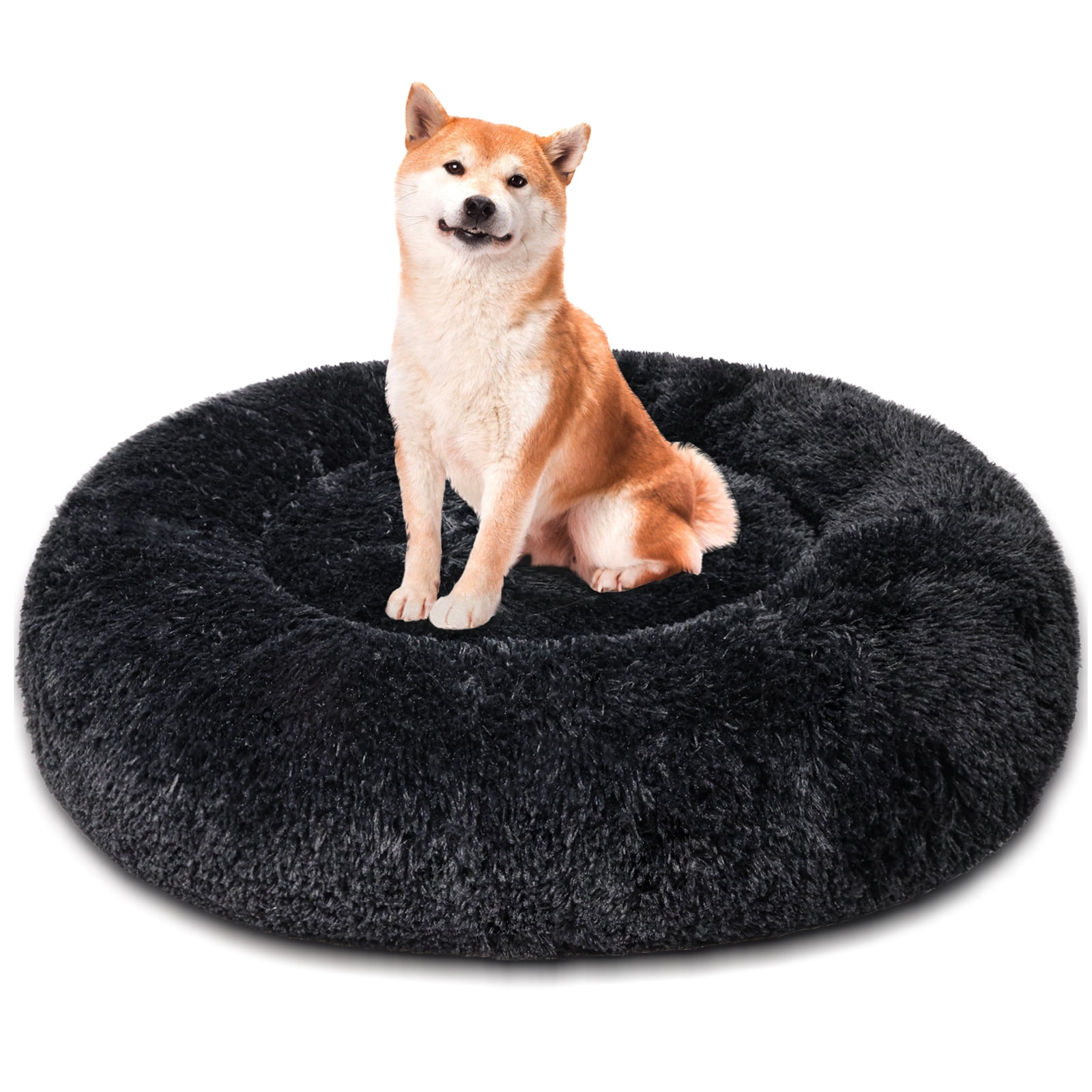 Exclusivo Mezcla Calming Donut Pet Bed for Medium Dogs 24", Anti-Anxiety Plush Cozy Warming Dog Bed, Black