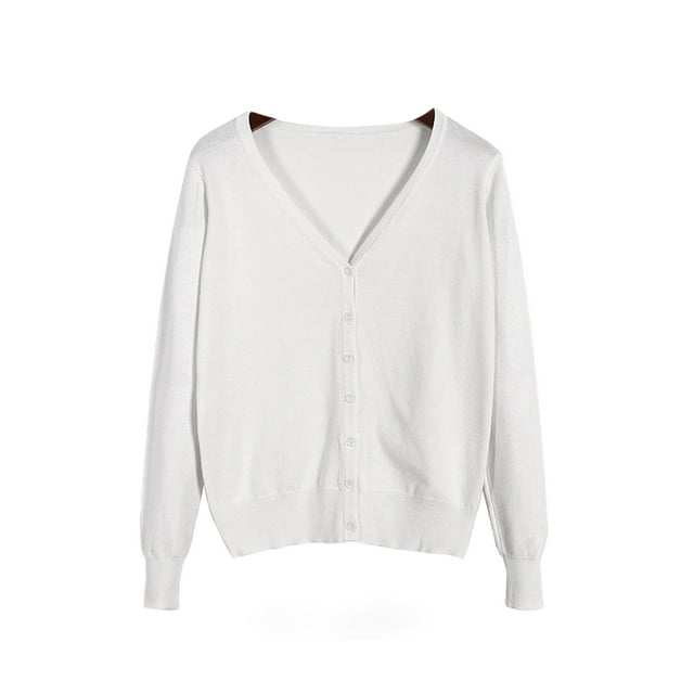Innerwin Cardigan Sweater V Neck Ladies Coat Fall Solid Color Loose Outwear White XL