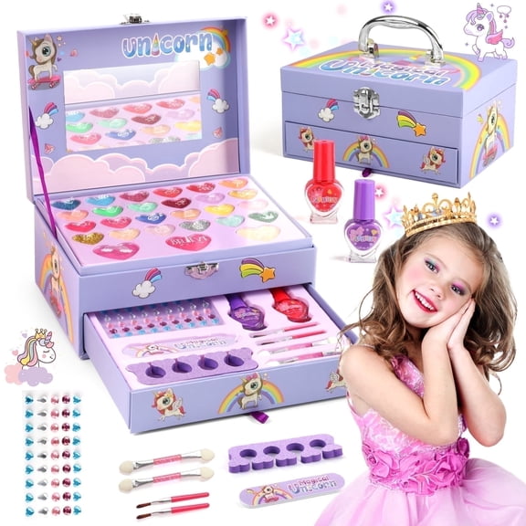 UUSUOO Kids Makeup Kit for Girls,36PCS Girls Unicorn Makeup Kit,Washable Real Makeup Kit Toy with Mirror,Little Girls Princess Toys Gift for Christmas Birthday Aged 3-6 7-12,Purple