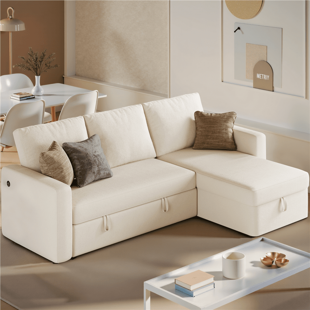 Alden Design Convertible Sectional Sofa with Storage Compartment & USB Ports, Beige