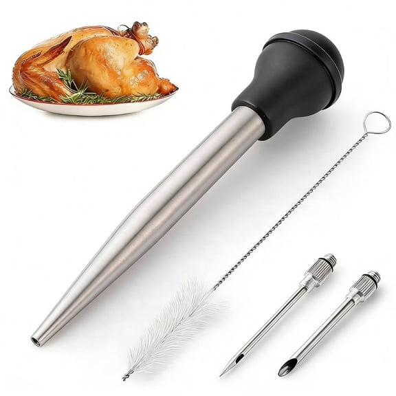 OFEFE Stainless Steel Turkey Baster for Cooking - Professional Food Grade Metal Basting Syringe with Silicone Suction Bulb, 1 Detachable Injector Needles & Cleaning Brush - 5.5 oz Large Size Meat