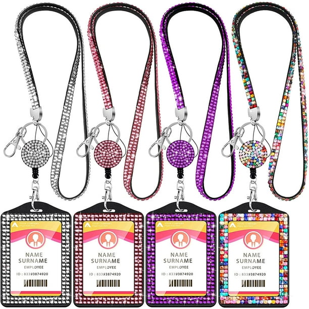 Key, Pack Retractable ID Badge Holder with Clip, Cute ID Name Badge Reels with Bling Rhinestones Retractable Card Holder for Office Worker Teacher