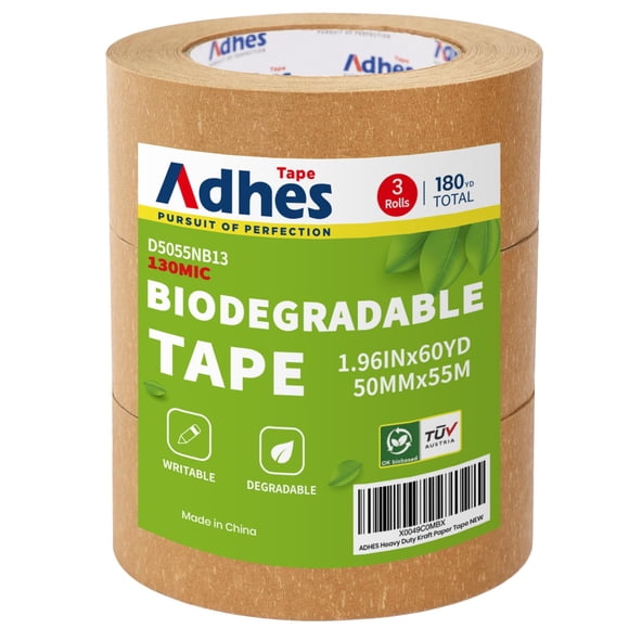 ADHES Kraft Ruban en Papier, 2 Pouces x 60 Yards x 3 Rouleaux, Ruban d'Emballage en Papier Biodégradable Inscriptible et Non Couché Ruban d'Expédition Brun pour Expédition, Déménagement, Scellement