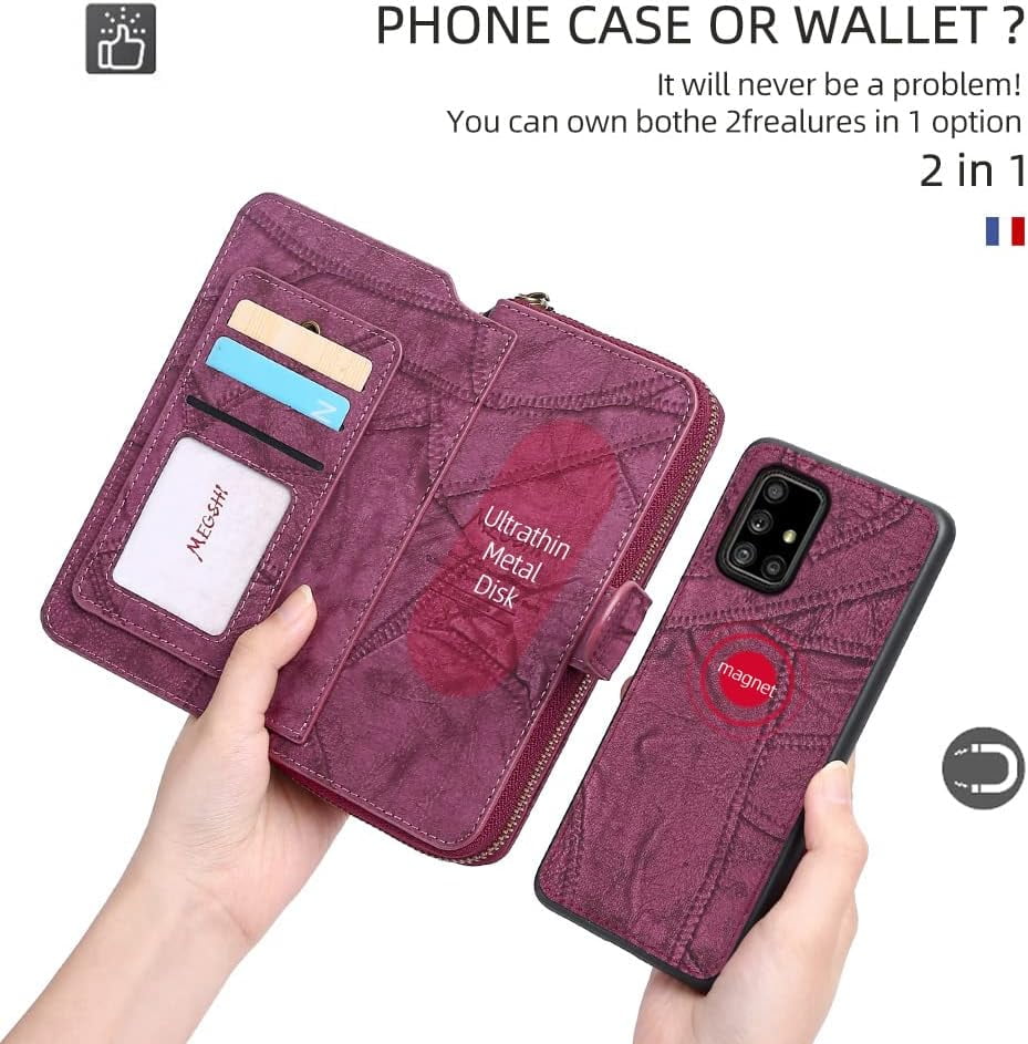 Phone Case for Samsung Galaxy A71 5G Zipper Wallet Detachable Cover with Screen Protector and Leather Flip Mirror Card Holder Slot Cell Accessories Mobile A 71 G5 71A S71 SM Women Men Wine Red