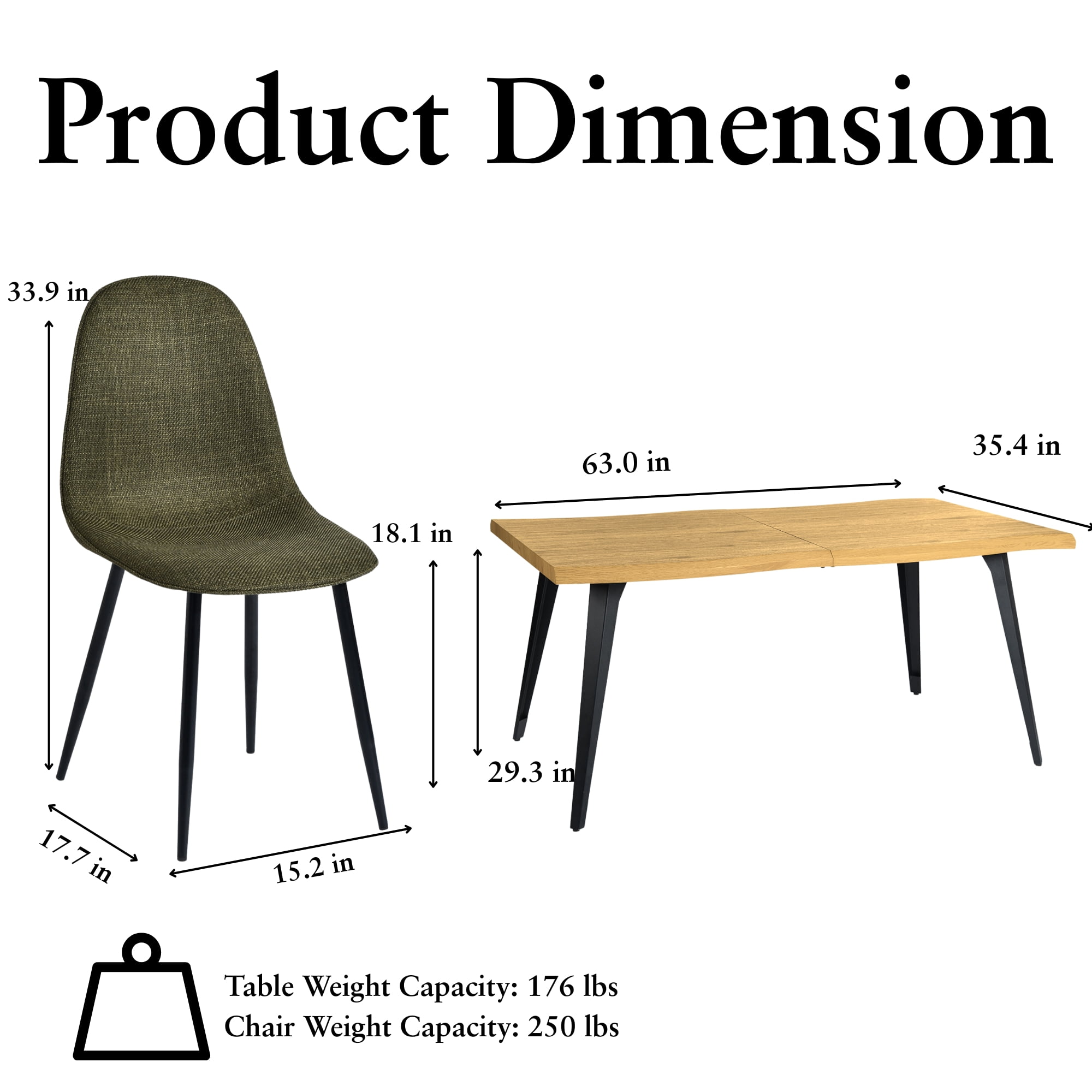 Ensemble de salle à manger Homy Casa style industriel moderne 5 pièces pour 4 personnes, table en faux bois imitation noyer avec bords naturels et 4 chaises sans accoudoirs