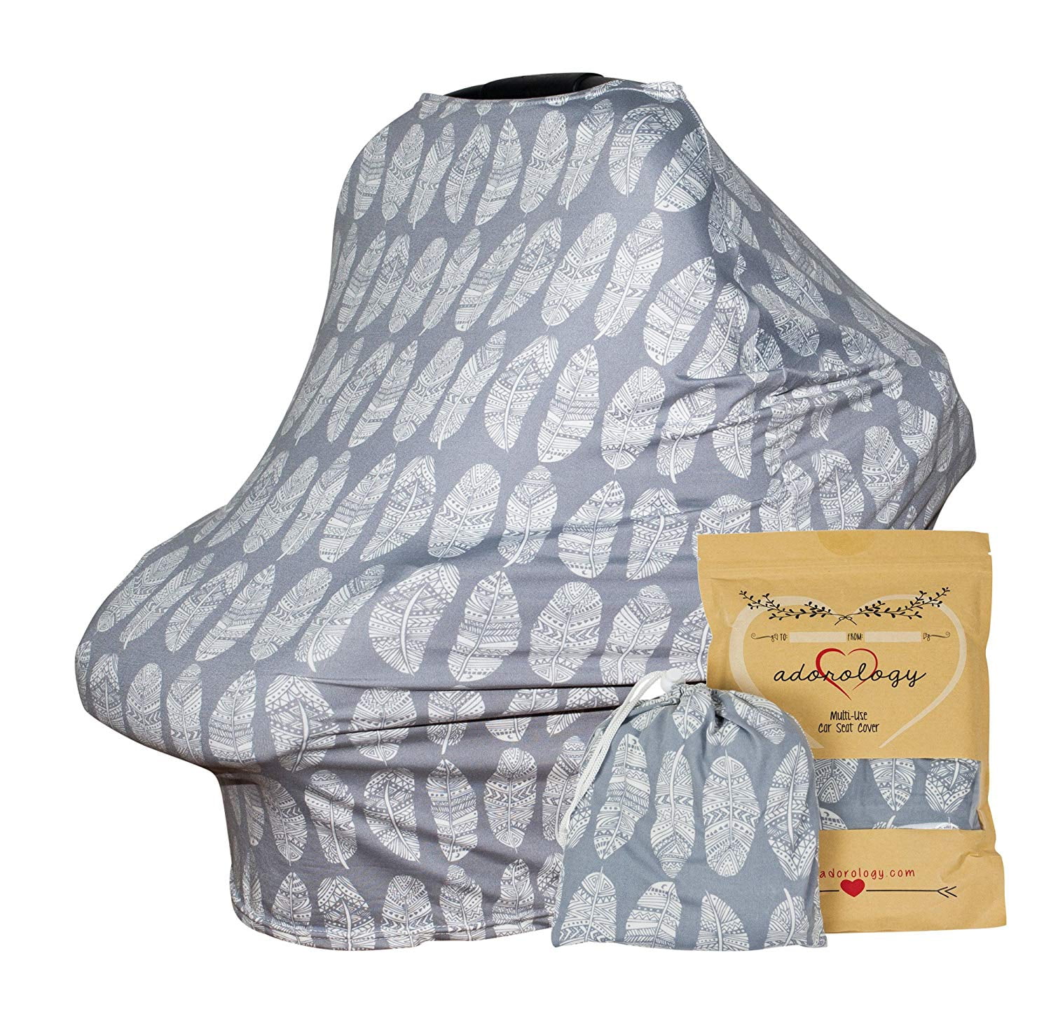Baby Car Seat & Nursing Cover & Drawstring Carry Bag in Gray Feather Design Shower Gift Breathable Stretchy Universal 4 in 1 Multi-Use Infant Carseat Canopy Covers Shopping Cart High Chair Stroller