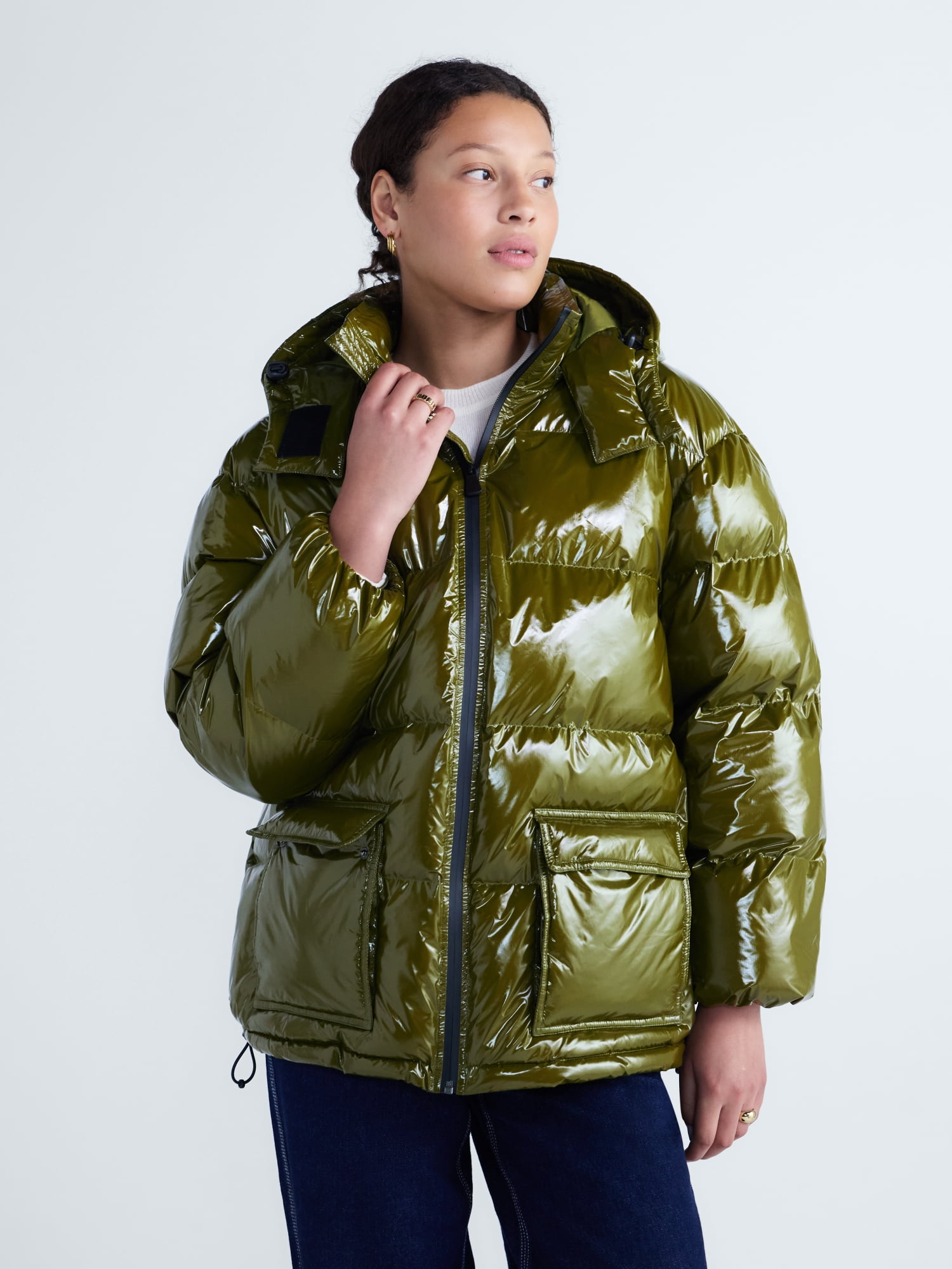 Free Assembly Women's High Gloss Puffer Parka Jacket with Hood, Sizes XXS-XXL
