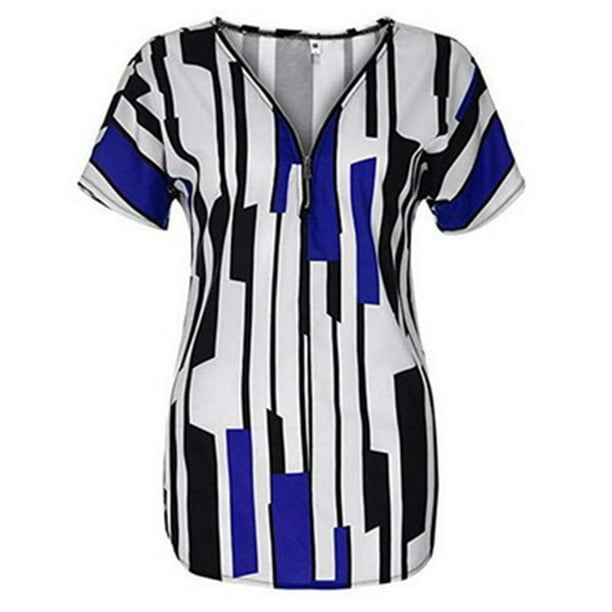 Qarigey Camiseta de mujer con cuello en V y rayas en la parte de manga corta con cremallera blusa delgada Prendas para la parte del cuerpo Azul 4XL
