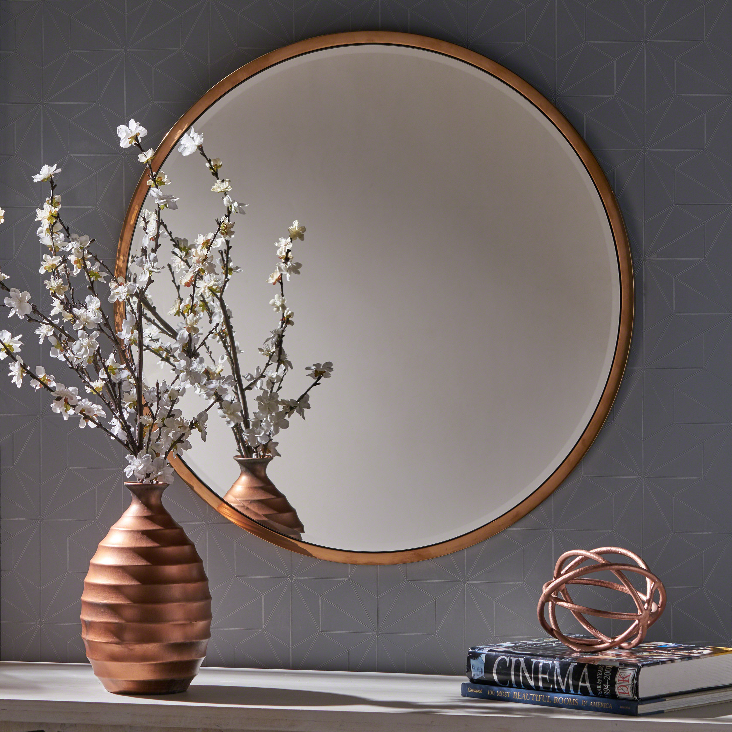 Ryan Contemporary Circular Wall Mirror with Stainless Steel Frame, Rose