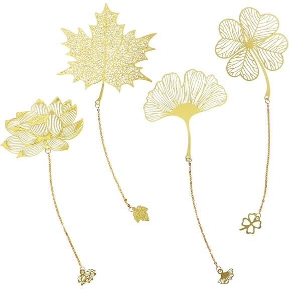 HAIJSEVR 4 Pack Vintage Metal Bookmarks with Pendant, Gift Bookmark, Golden Hollow Bookmark, Metal Leaf Bookmark, Metal Openwork Bookmark(Gold)