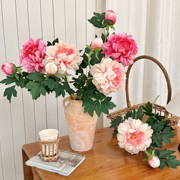 mdesiwst Artificial Peony Flower, Realistic 2 Heads Faux Peony with 1 Bud, 29.9" Fake Peony Bouquet with Stem for Wedding Centerpiece, DIY Home Table Vase Decor