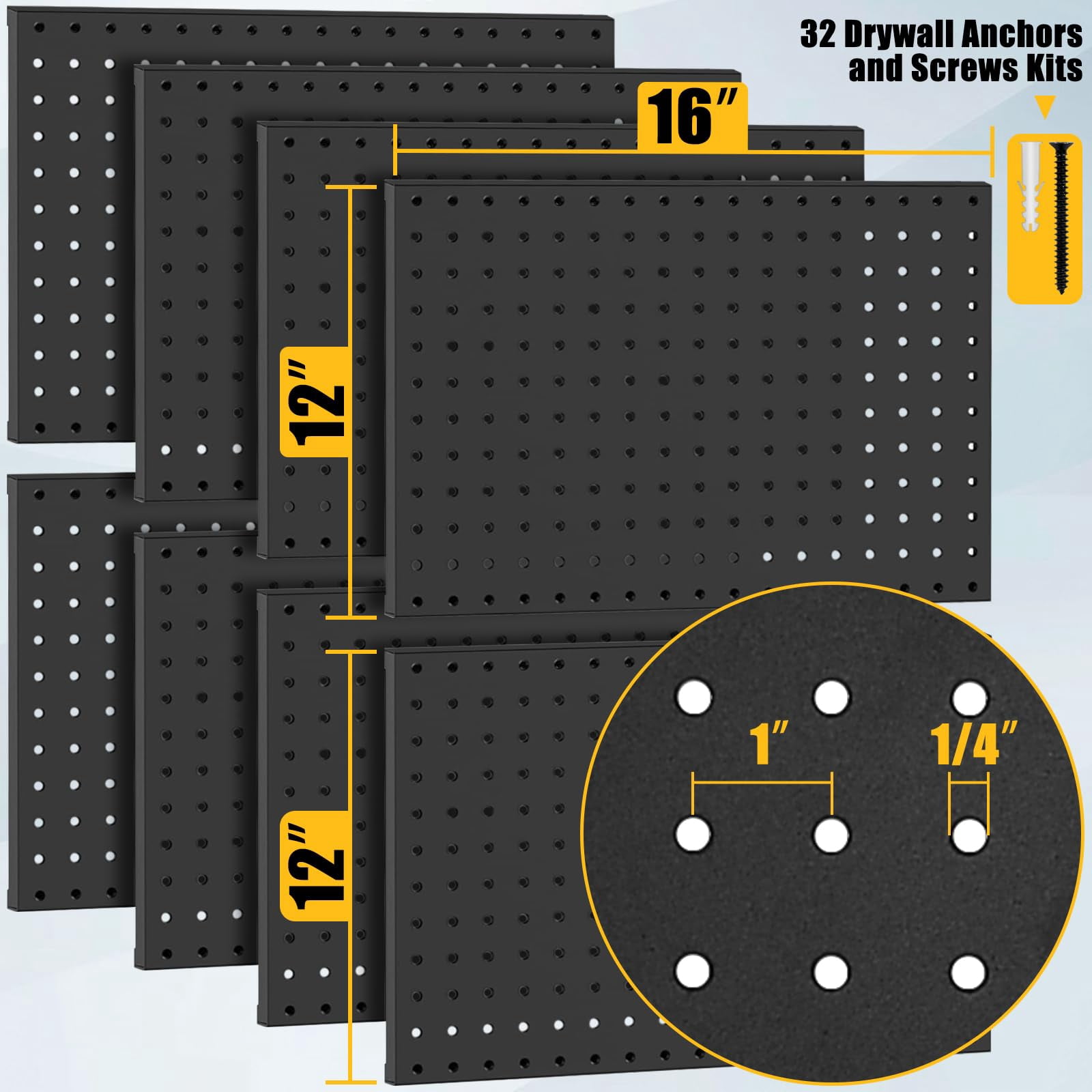 10 Pcs Metal Pegboard Panels, Heavy Duty Peg Boards for Garage and Garden Tool Storage, Includes Drywall Anchors and Screws Kits, Black (10 pcs 16in x 12in)