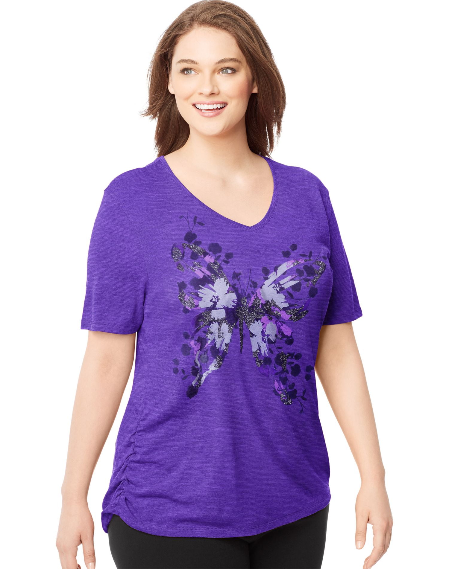 Just My Size - Women's Plus Printed V-neck T-shirt w/ Side Shirring ...