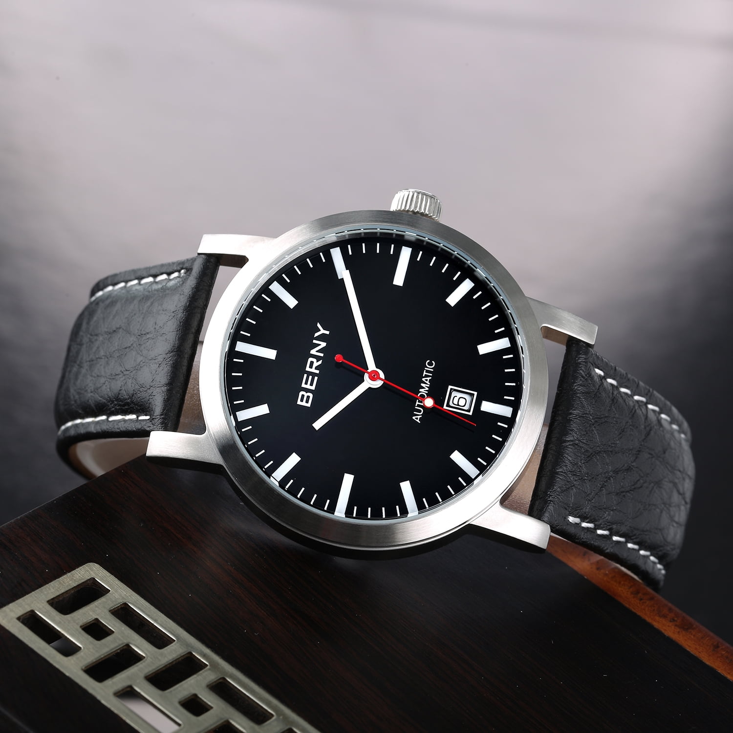 BERNY Automatic Watch for Men, Classic Mechanical Wristwatch with Genuine Leather Strap, Date Calendar, 5ATM Waterproof Super Luminous, Red Seconds Hand (Black)
