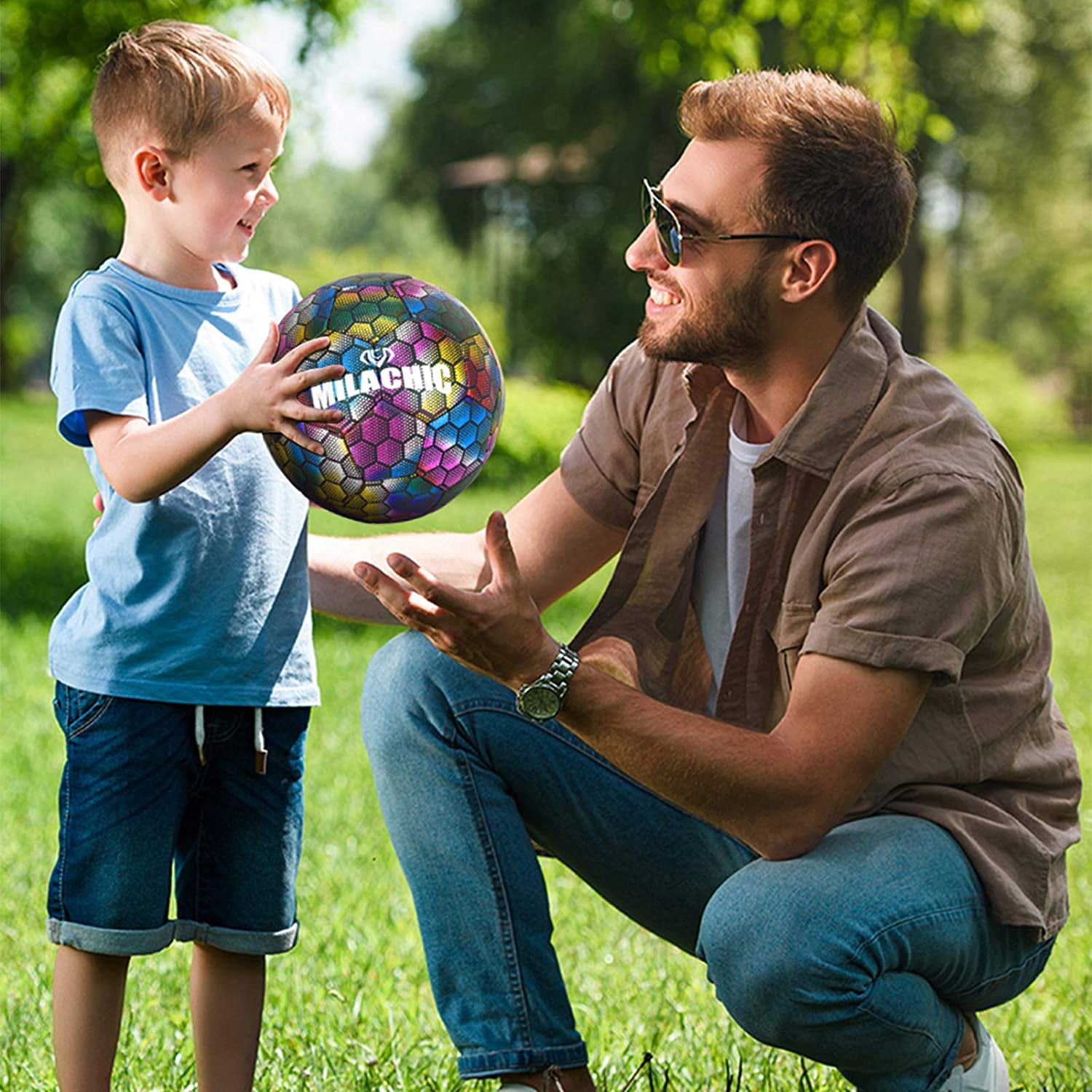 MILA CHIC Soccer Ball, Holographic Glowing Soccer Ball Size 5, Reflective Hologram Rainbow Soccer Ball with Needles and Pump for Men Youth and Adult Night Games