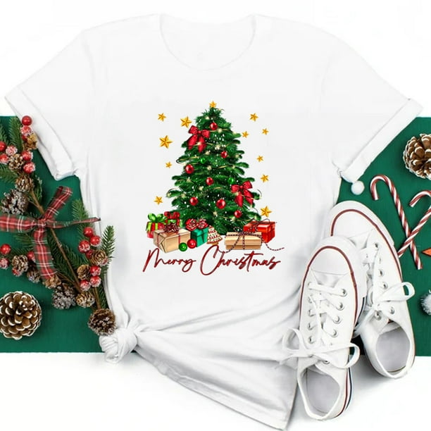 Camiseta con estampado de árbol de Navidad para mujer, ropa juvenil, Tops, 2023