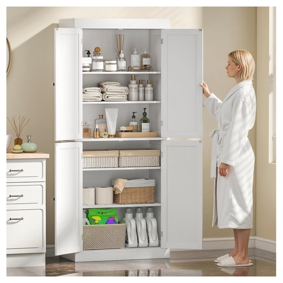 72" Kitchen Pantry Cabinet - Freestanding Food Storage, White Wood Grain - Adjustable Shelves, Tall Kitchen Cabinet with Doors - Modern Farmhouse Style