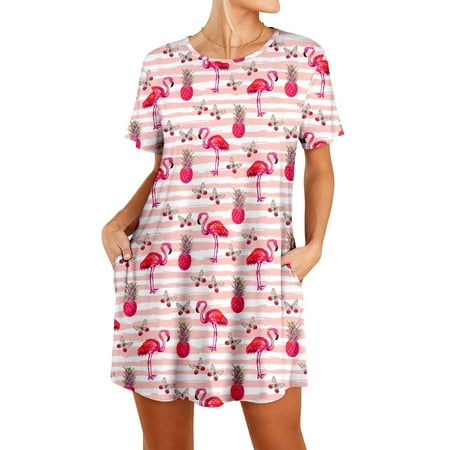

MHL Women Flamingo Leaf Pineapple Print Round Neck Short Sleeve Sleep Dress