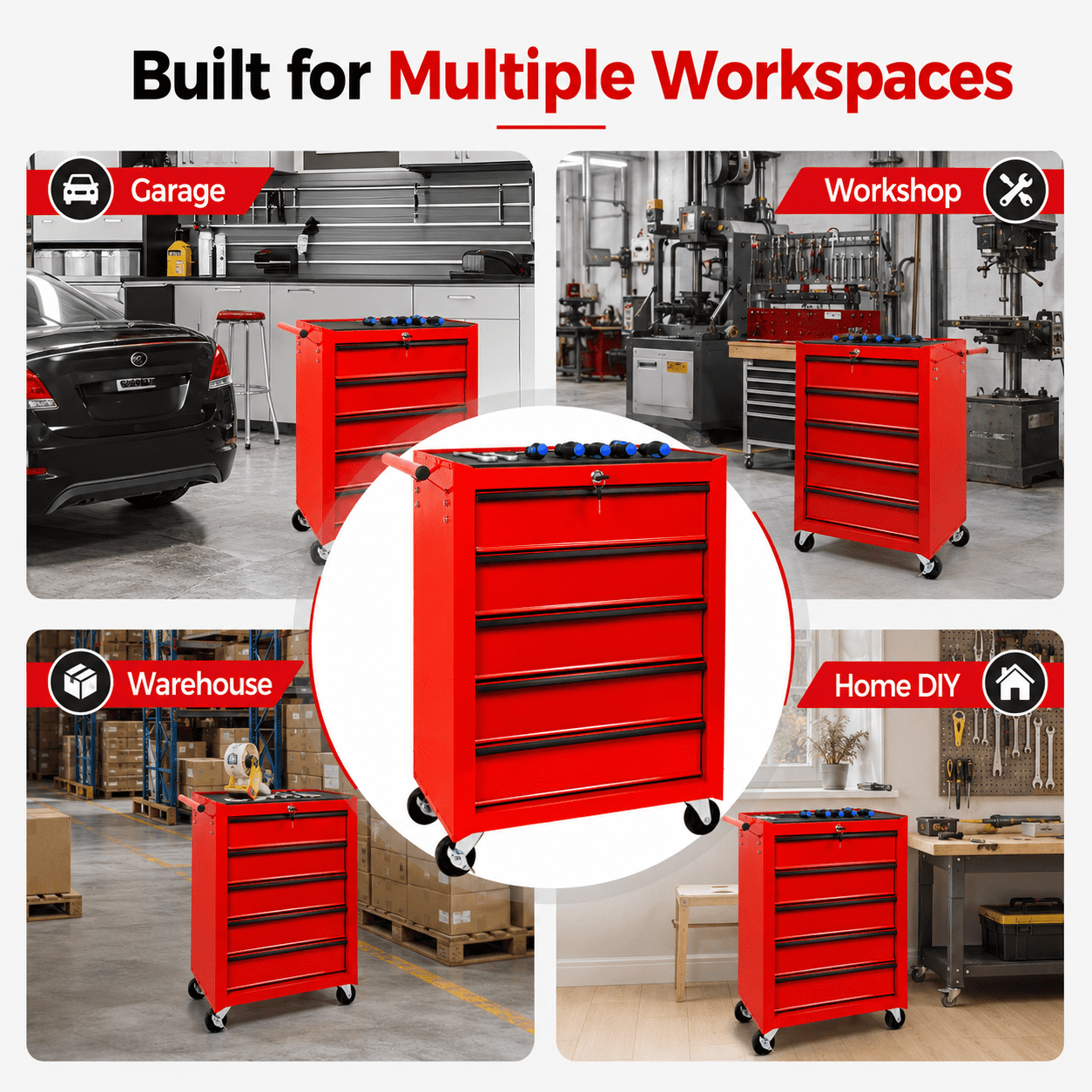 Seizeen 5-Drawer Roller Tool Box, Lockable Metal Storage on Wheels